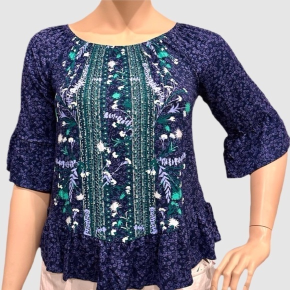 Style & Co Peplum Popover Top Size M. Navy Multi Ruffles at Hem Half sleeves NWT - Picture 5 of 11